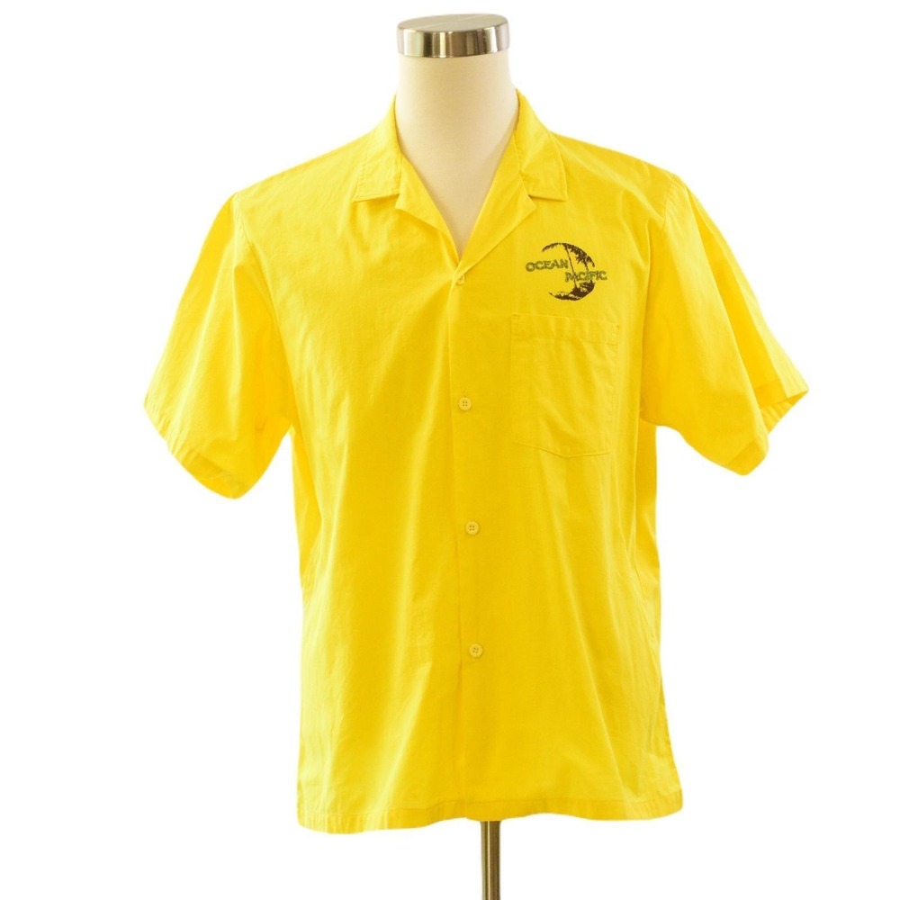 80s Vtg Ocean Pacific Yellow Surf Shirt Mens L Cotton Graphic Print Button Up